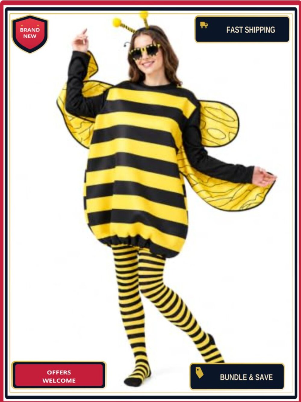 Adult Bee Costume 4-Piece Set Bumble Bee Halloween Cosplay Dress Up Outfit